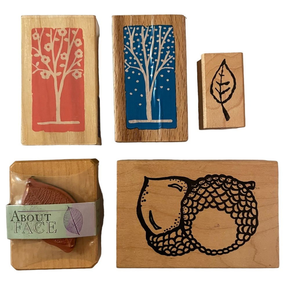 Trees Leaves Acorns 5 Wood Block Rubber Stamps Medium Mixed Lot